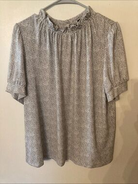 Adrianna Papell Black & White Ruffle Neck Short Sleeve Blouse